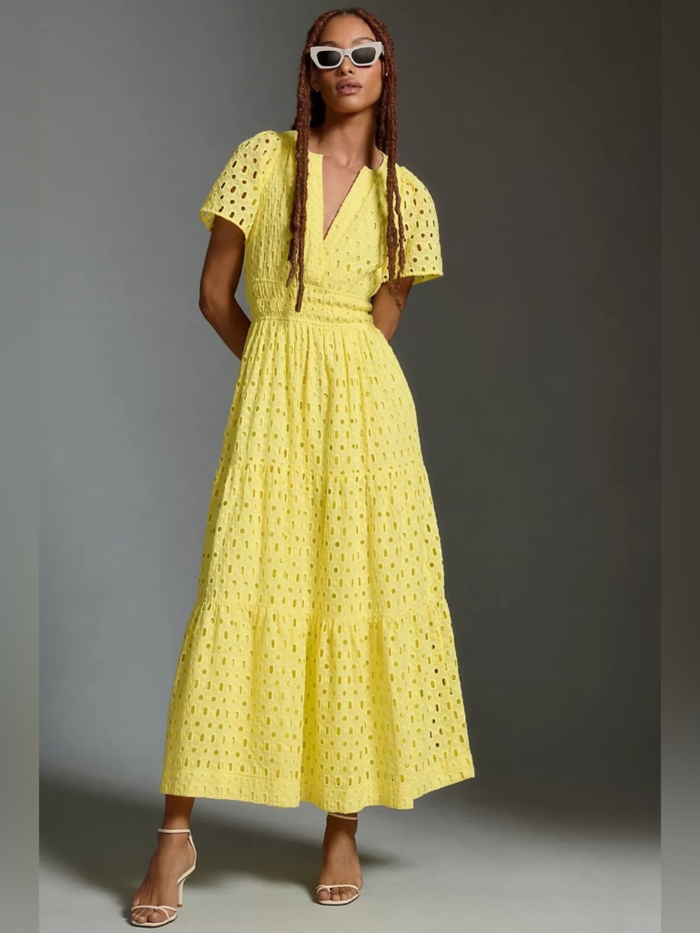 Anthropologie Somerset Maxi Eyelet Dress Yellow Tiered Boho Cottagecore S
